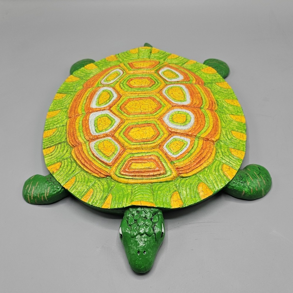 Psychedelic Green Orange Yellow Hand Painted Box‎ Turtle Stepping Stone Folk Art